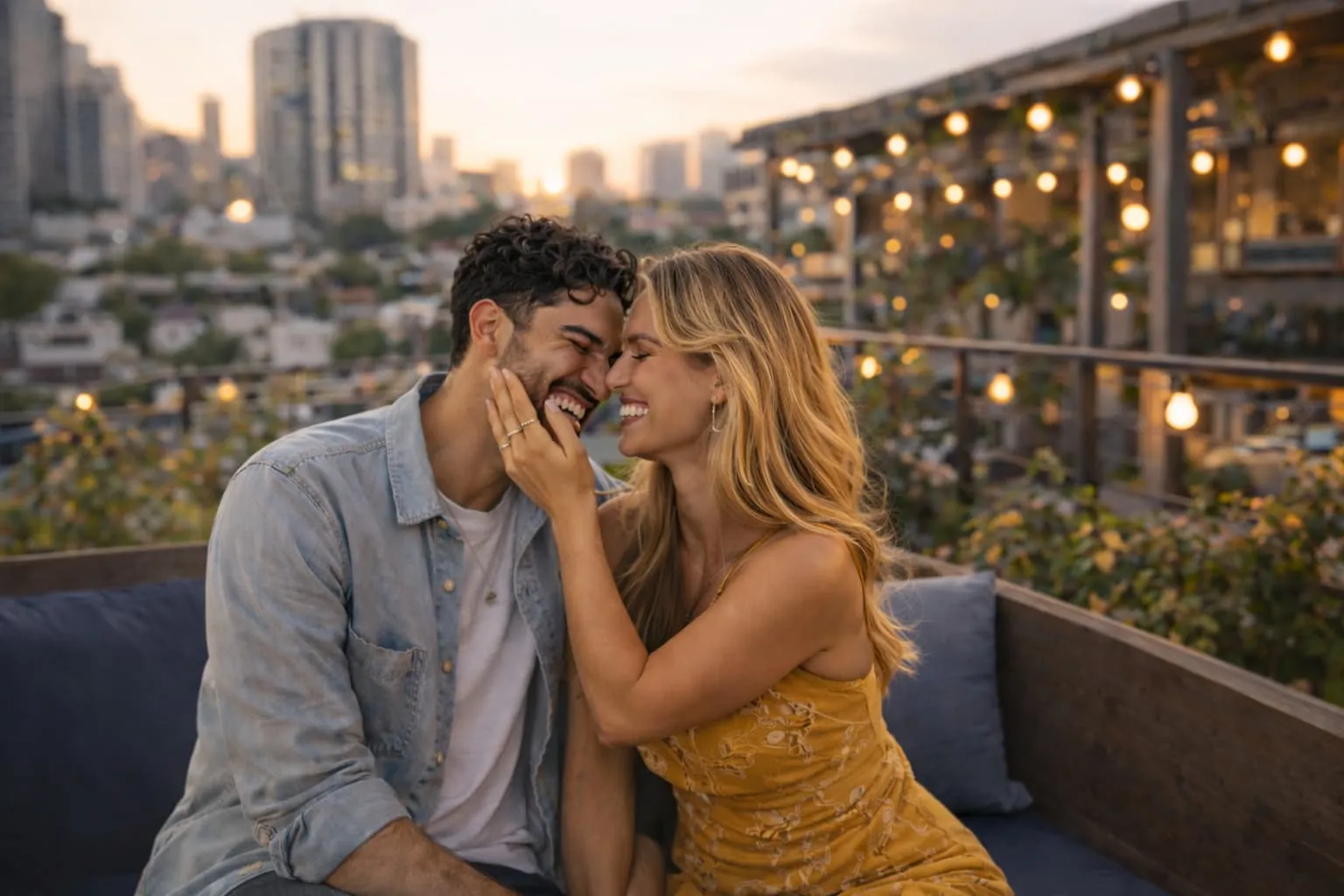 Couple on rooftop at sunset